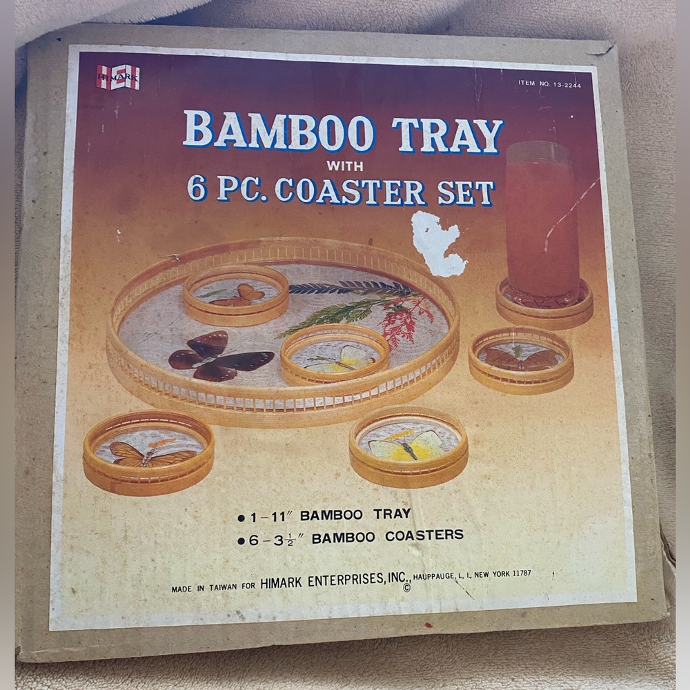 Vintage mid century bamboo butterfly tray coasters